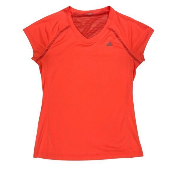 Adidas Climalite Short Sleeve Athletic T Shirt Women M Orange V Neck Running Gym - Picture 1 of 9